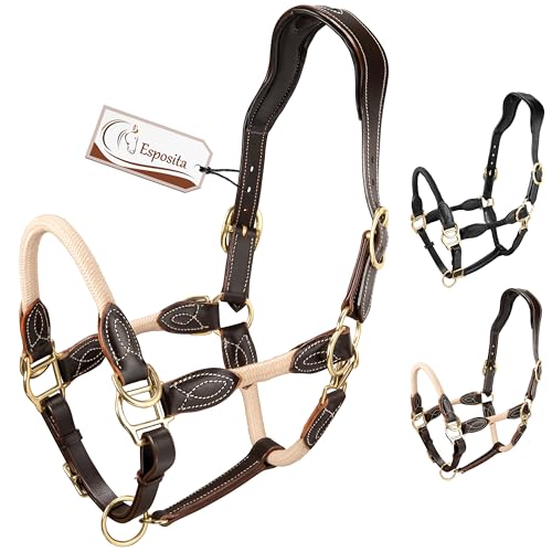 Esposita Seilhalfter Ranch Halfter für Pferde aus Leder und Seil mit rostfreien Messingbeschlägen auch ideales Halfter zum Reiten, als gebisslose Trense oder Wanderreithalfter Braun Gr. Pony von Esposita
