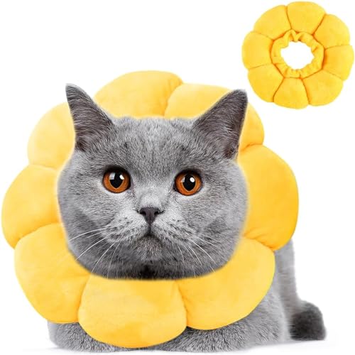 Esshogo Gelbe Sonnenblume Katzen Halskrause Einstellbarer Katze Halsband, Verhinderung des Leckens von Katzen, Weich Halskragen für Katzen Kleiner Hunde Nach Operation von Esshogo