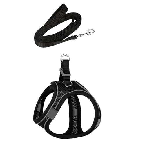 Esshogo katzenleine mit Geschirr für Katzen,Ausbruchsicher Weich Cat Harness, Verstellbares Katzengeschirr, Katzengeschirr Reflektierend, Bequeme Passform, leicht, einfache Kontrolle (XXS,Schwarz) von Esshogo
