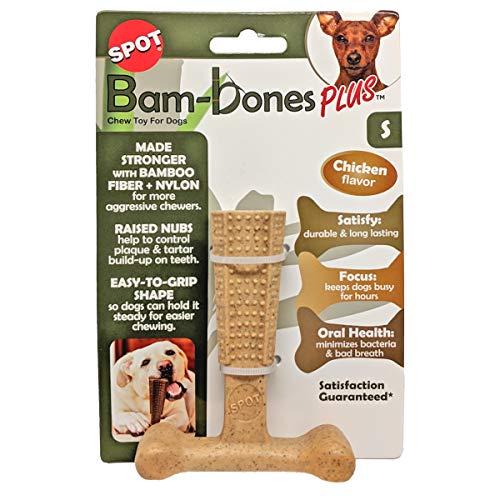 Spot Bam-Bones Plus T-Knochen – Bambusfaser und Nylon, langlebig, für Aggressive Kauer, tolles Spielzeug für Erwachsene Hunde und zahnende Welpen unter 13,6 kg, splitterfrei, 10,2 cm, Hühnergeschmack von SPOT