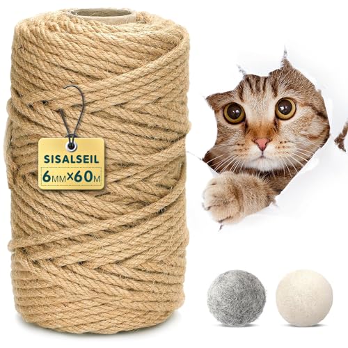 Etievort Sisalseil für Kratzbaum, 6MM X 60M Sisalseil, Sisal, Kratzbaum Seil, Sisal Schnur für Kratzbaum für Katzen, Kratzbaum, Kratzseil, Haushalt, Garten, DIY, Dekoration von Etievort