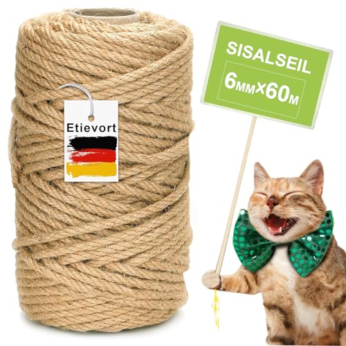 Sisalseil für Kratzbaum, 6MM X 60M Sisalseil, Sisal Kratzbaum Schnur, Kratzbaum Seil für Katzen, Kratzbaum, Kratzseil, Haushalt, Garten, DIY, Dekoration von Etievort