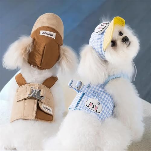 ETOSEM Hundegeschirr mit Hut-Set, blaues Vichy-Muster, verstellbare Sicherheitsschnalle und Leinenbefestigung, Braun, Größe S (0,5–1,8 kg) von Etosem