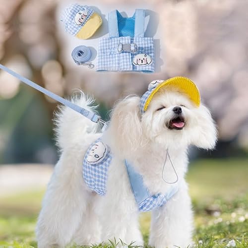 ETOSEM Hundegeschirr mit Hut-Set, blaues Vichy-Muster, verstellbare Sicherheitsschnalle und Leinenbefestigung (Blau, Größe S (0,5–1,8 kg) von Etosem