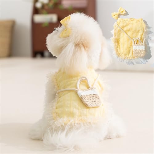 ETOSEM Hundeweste mit separater Schleife und gewebter Umhängetasche, Spitzenrand, Rock Weste, Frühling und Sommer, Prinzessinnen-Stil Hundekleidung (Gelb, XS) von Etosem