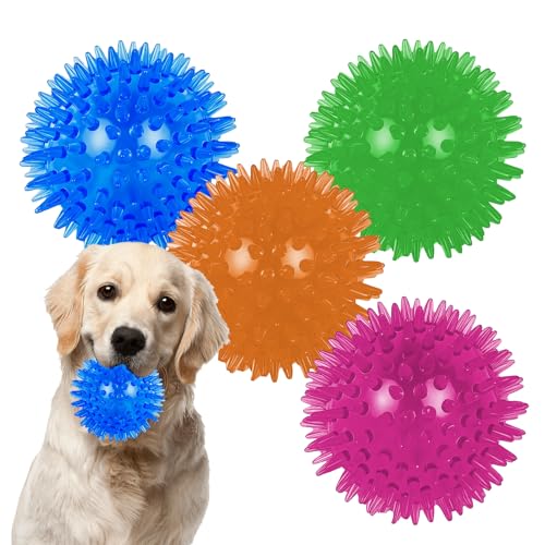 EuAcesry Hundeball Quietschend Unzerstörbar, 4 Stücke 6.5cm Spiky Hund Bälle, Hundespielzeug Ball Set, Bälle mit Quietschspielzeug, Spikes-Ball, Hunde-Kauspielzeug für kleine Hunde von EuAcesry