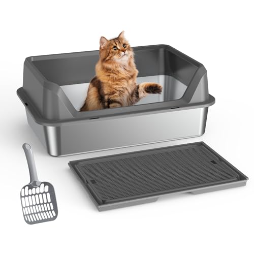 Euakee Edelstahl-Katzentoilette mit Deckel, XL Extra große Metall-Katzentoilette für große Katzen, hochseitiges Design mit Schaufel & Pedal, Antihaft, Auslaufsicher, Leicht zu Reinigen (B) von Euakee