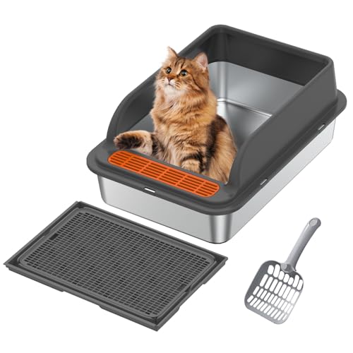 Euakee Katzentoilette Edelstahl, 50 x 35 x 25 cm Katzenklo Edelstahl, Halbgeschlossene Katzentoilette mit Hohem Abnehmbarem Rand, Katzenstreumatte für einfache Reinigung,Leicht zu Reinigen (A) von Euakee