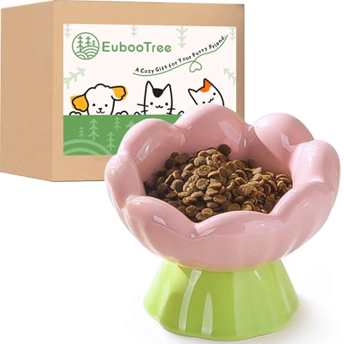 Erhöhter Futternapf für Katzen, aus Keramik, Blumenform, geneigt zur Vorbeugung von Erbrochenem, Rosa und Grün von EubooTree