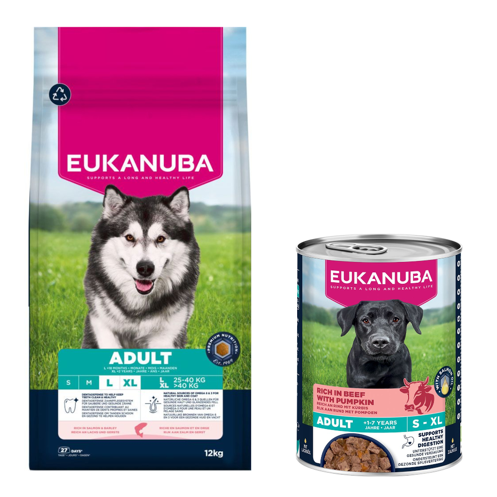 12 kg Eukanuba Premium Nutrition + 3 x 400 g passendes Nassfutter gratis! - Adult Large & Giant Breed Lachs + Adult Reich an Rind mit Kürbis von Eukanuba