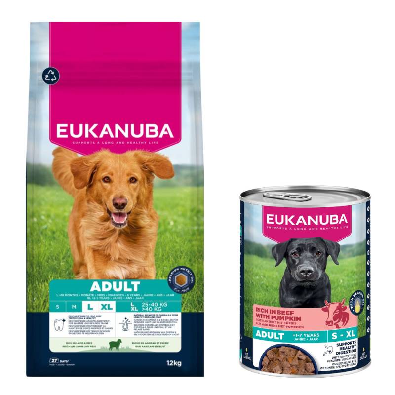 12 kg Eukanuba Premium Nutrition + 3 x 400 g passendes Nassfutter gratis! - Adult Large & Giant Breed Lamm & Reis + Adult Reich an Rind mit Kürbis von Eukanuba