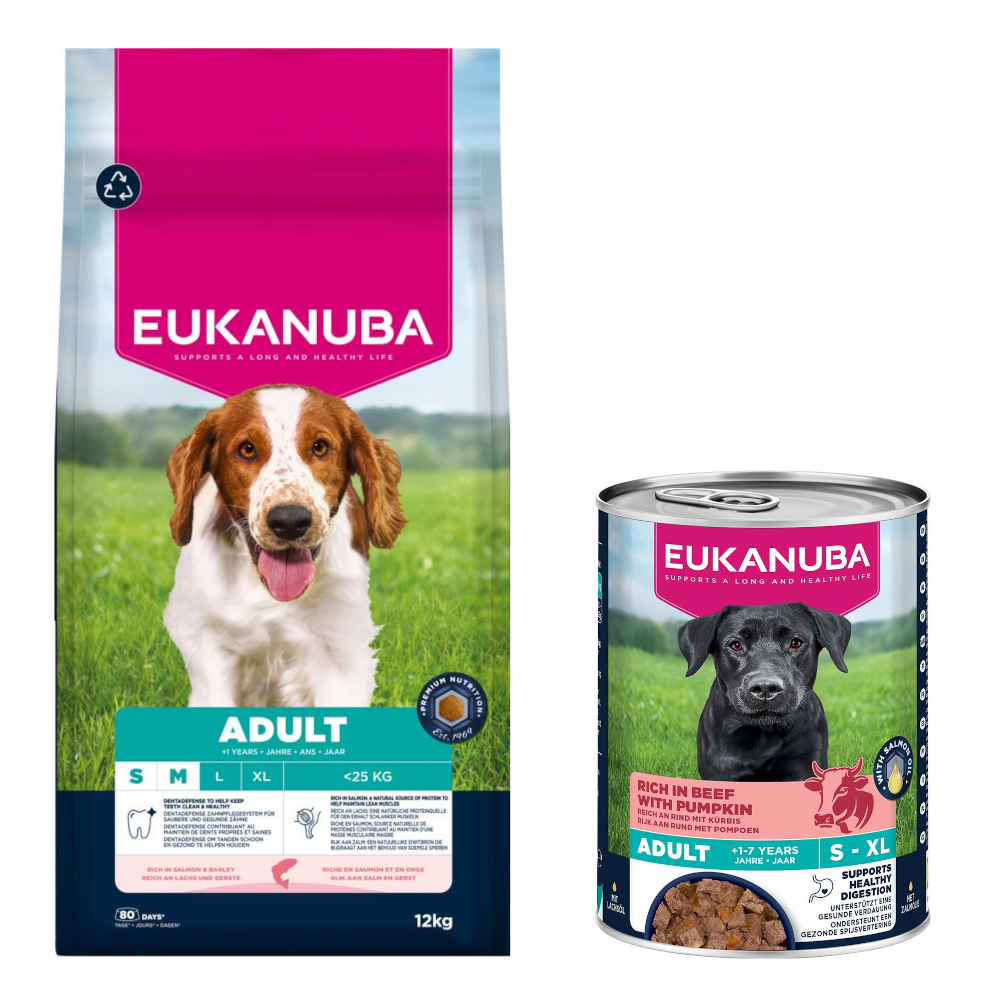 12 kg Eukanuba Premium Nutrition + 3 x 400 g passendes Nassfutter gratis! - Adult Small & Medium Breed Lachs + Adult Reich an Rind mit Kürbis von Eukanuba