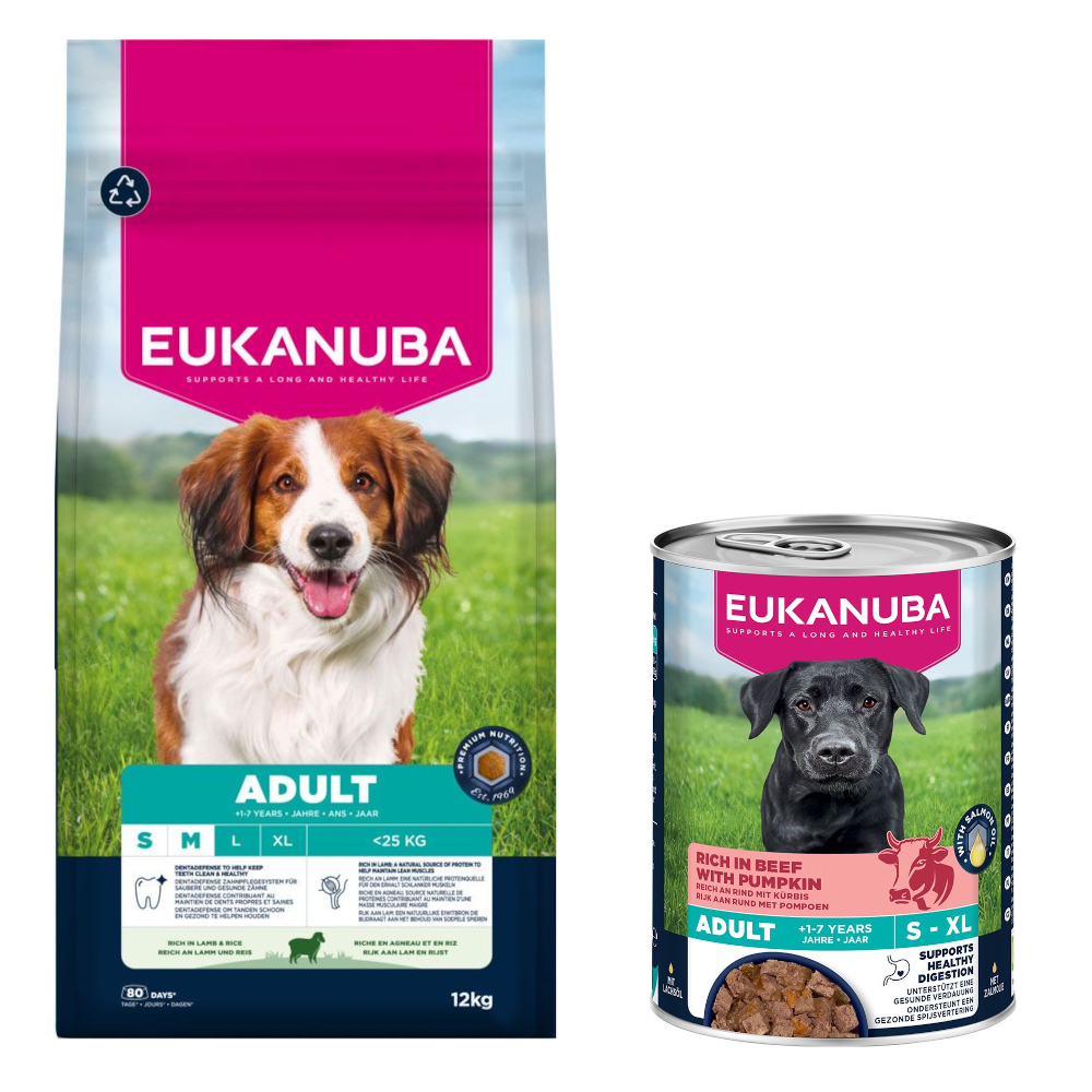 12 kg Eukanuba Premium Nutrition + 3 x 400 g passendes Nassfutter gratis! - Adult Small & Medium Breed Lamm & Reis + Adult Reich an Rind mit Kürbis von Eukanuba