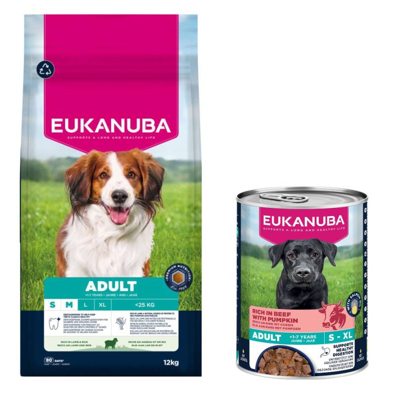 12 kg Eukanuba Premium Nutrition + 3 x 400 g passendes Nassfutter gratis! - Adult Small & Medium Breed Lamm & Reis + Adult Reich an Rind mit Kürbis von Eukanuba
