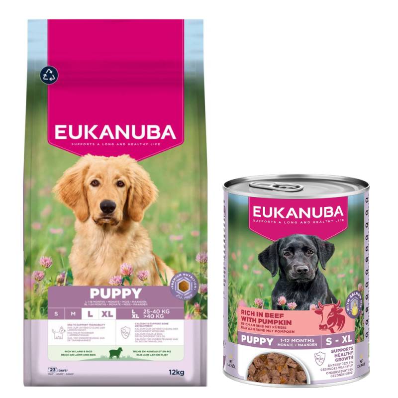 12 kg Eukanuba Premium Nutrition + 3 x 400 g passendes Nassfutter gratis! - Puppy Large & Giant Breed Lamm & Reis + Puppy Reich an Rind mit Kürbis von Eukanuba