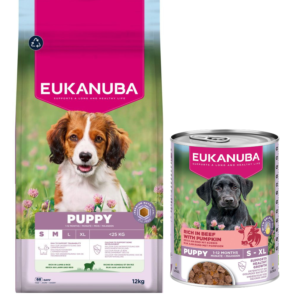 12 kg Eukanuba Premium Nutrition + 3 x 400 g passendes Nassfutter gratis! - Puppy Small & Medium Breed Lamm & Reis + Puppy Reich an Rind mit Kürbis von Eukanuba