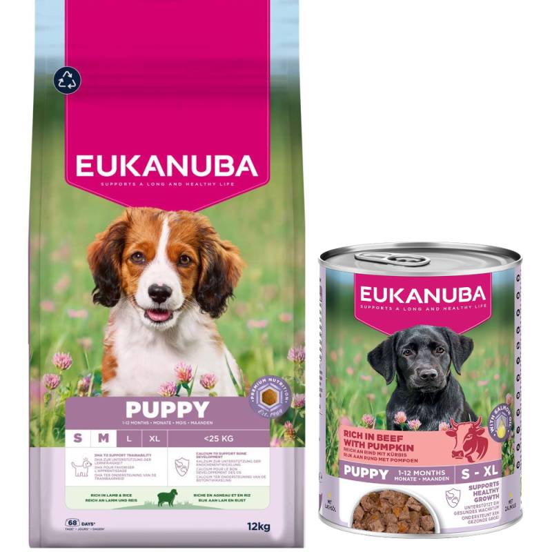 12 kg Eukanuba Premium Nutrition + 3 x 400 g passendes Nassfutter gratis! - Puppy Small & Medium Breed Lamm & Reis + Puppy Reich an Rind mit Kürbis von Eukanuba