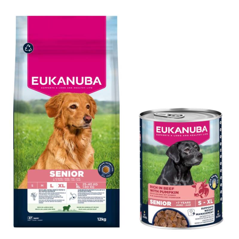 12 kg Eukanuba Premium Nutrition + 3 x 400 g passendes Nassfutter gratis! - Senior Large & Giant Breed Lamm & Reis + Senior Reich an Rind mit Kürbis von Eukanuba