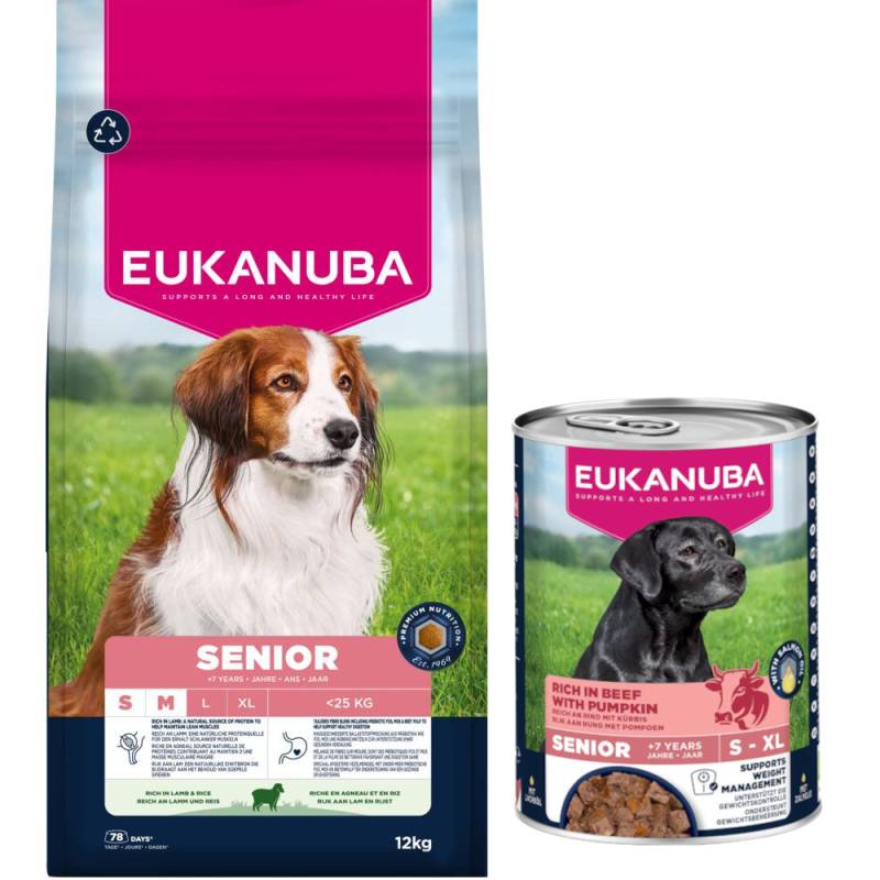 12 kg Eukanuba Premium Nutrition + 3 x 400 g passendes Nassfutter gratis! - Senior Small & Medium Breed Lamm & Reis + Senior Reich an Rind mit Kürbis von Eukanuba