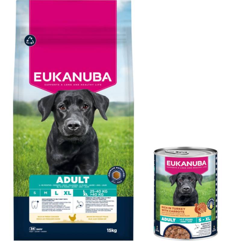 15 kg Eukanuba Premium Nutrition + 3 x 400 g passendes Nassfutter gratis! - 15 kg Adult Large & Giant Breed Huhn + 3 x 400 g Adult Pute mit Karotten von Eukanuba
