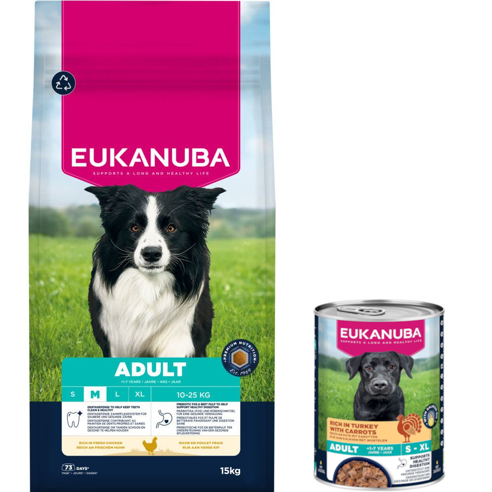 15 kg Eukanuba Premium Nutrition + 3 x 400 g passendes Nassfutter gratis! - 15 kg Adult Medium Breed Huhn + 3 x 400 g Adult Pute mit Karotten von Eukanuba