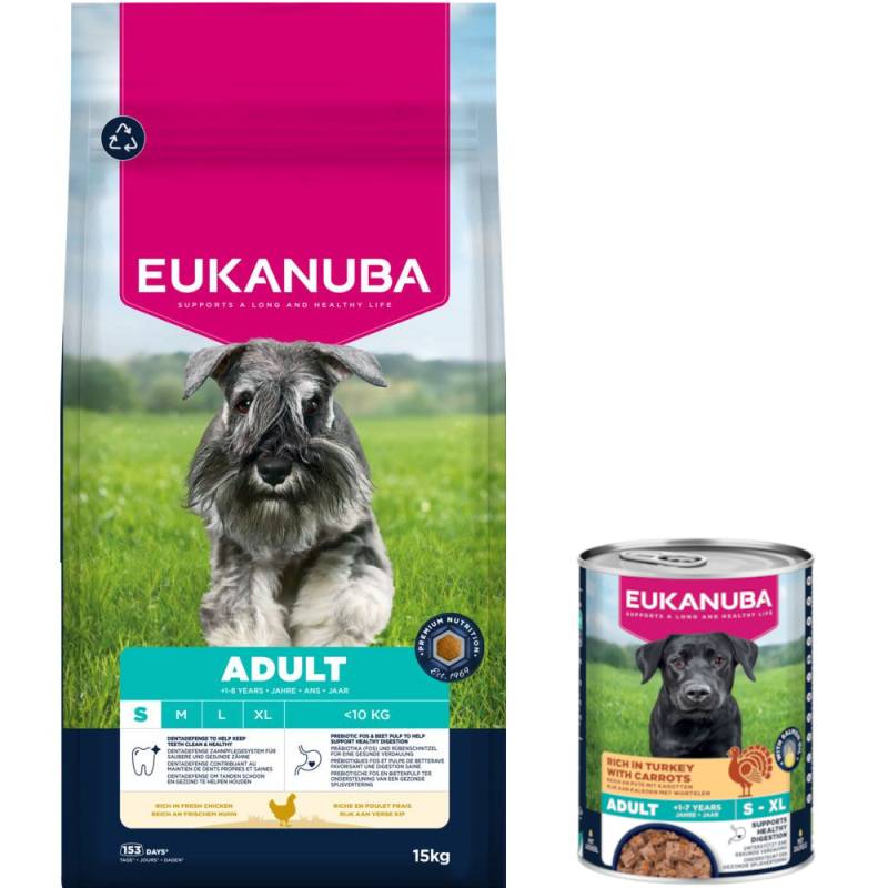 15 kg Eukanuba Premium Nutrition + 3 x 400 g passendes Nassfutter gratis! - 15 kg Adult Small Breed Huhn + 3 x 400 g Adult Pute mit Karotten von Eukanuba