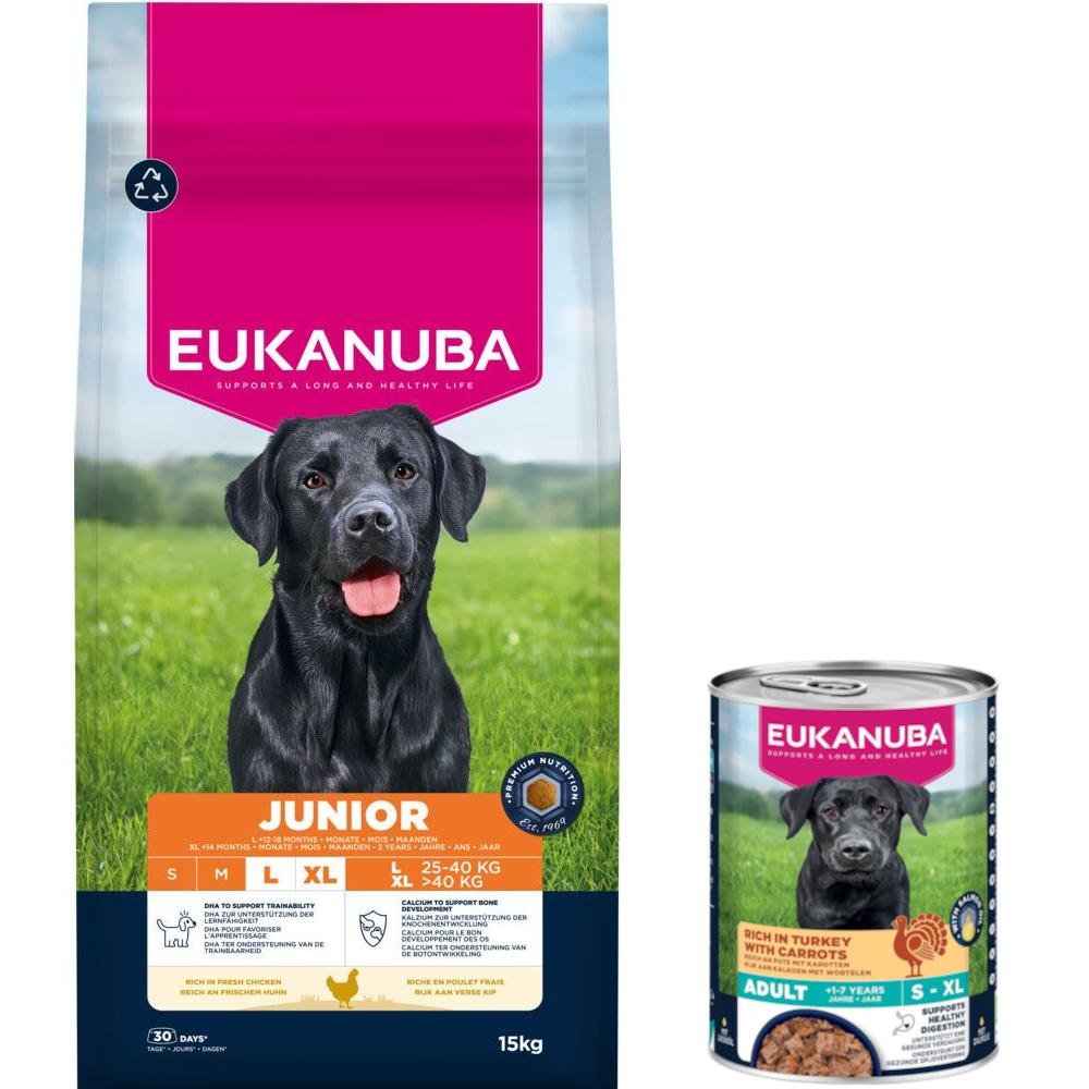 15 kg Eukanuba Premium Nutrition + 3 x 400 g passendes Nassfutter gratis! - 15 kg Junior Large & Giant Breed Huhn + 3 x 400 g Adult Pute mit Karotten von Eukanuba