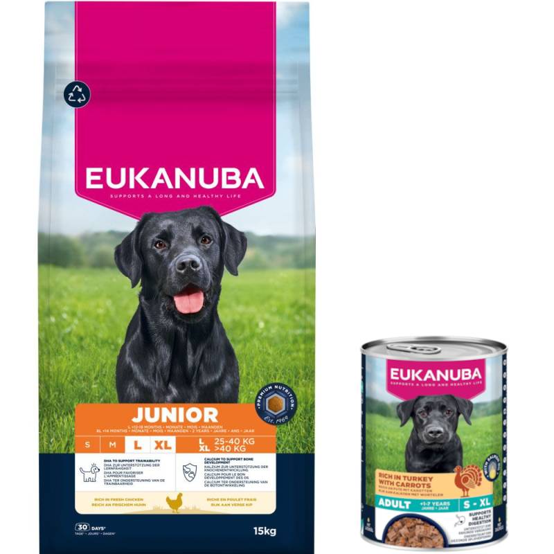 15 kg Eukanuba Premium Nutrition + 3 x 400 g passendes Nassfutter gratis! - 15 kg Junior Large & Giant Breed Huhn + 3 x 400 g Adult Pute mit Karotten von Eukanuba