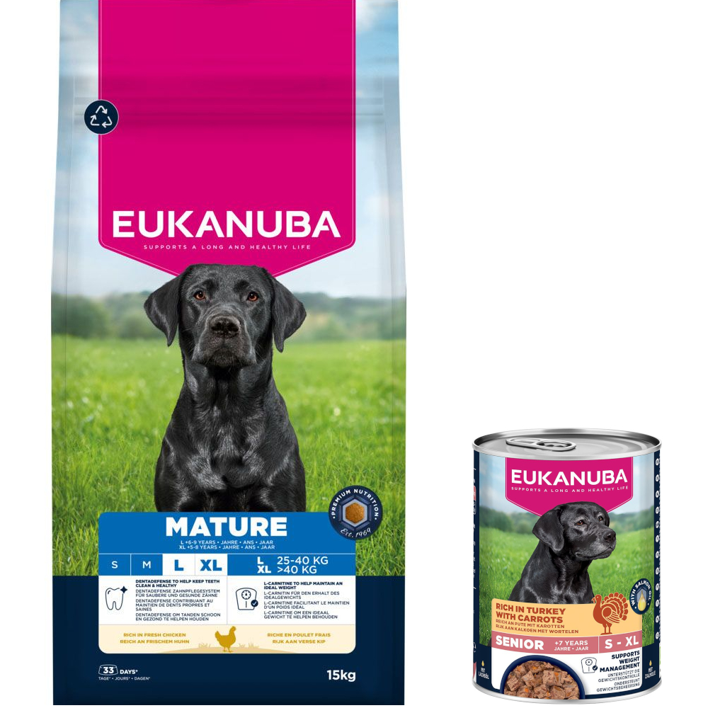 15 kg Eukanuba Premium Nutrition + 3 x 400 g passendes Nassfutter gratis! - 15 kg Mature Large & Giant Breed Huhn + 3 x 400 g Senior Pute mit Karotten von Eukanuba