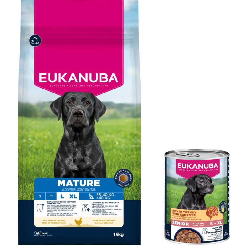 15 kg Eukanuba Premium Nutrition + 3 x 400 g passendes Nassfutter gratis! - 15 kg Mature Large & Giant Breed Huhn + 3 x 400 g Senior Pute mit Karotten von Eukanuba