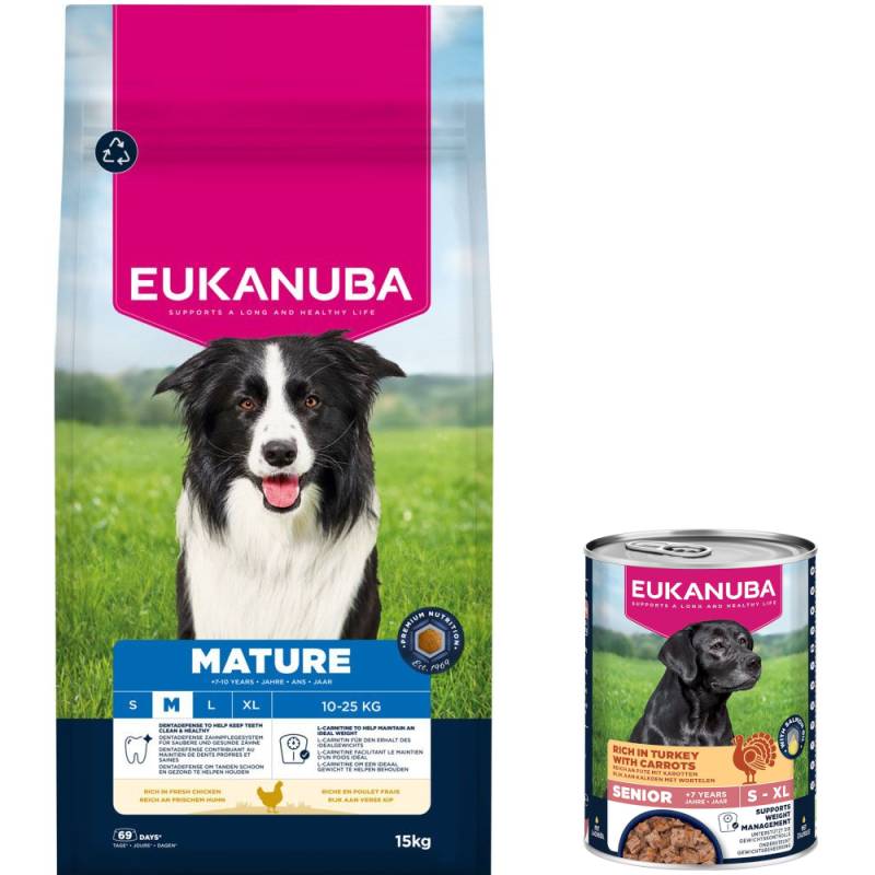 15 kg Eukanuba Premium Nutrition + 3 x 400 g passendes Nassfutter gratis! - 15 kg Mature Medium Breed Huhn + 3 x 400 g Senior Pute mit Karotten von Eukanuba