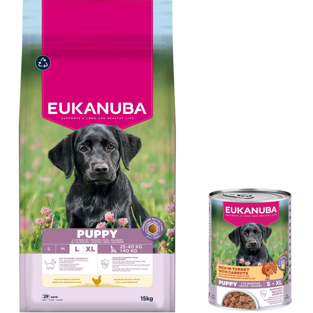 15 kg Eukanuba Premium Nutrition + 3 x 400 g passendes Nassfutter gratis! - 15 kg Puppy Large & Giant Breed Huhn + 3 x 400 g Puppy Pute mit Karotten von Eukanuba
