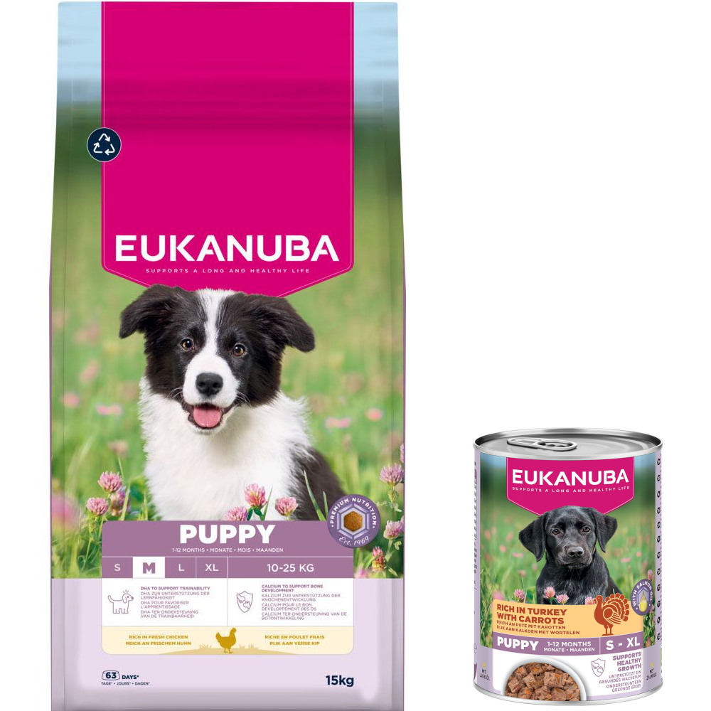 15 kg Eukanuba Premium Nutrition + 3 x 400 g passendes Nassfutter gratis! - 15 kg Puppy Medium Breed Huhn + 3 x 400 g Puppy Pute mit Karotten von Eukanuba