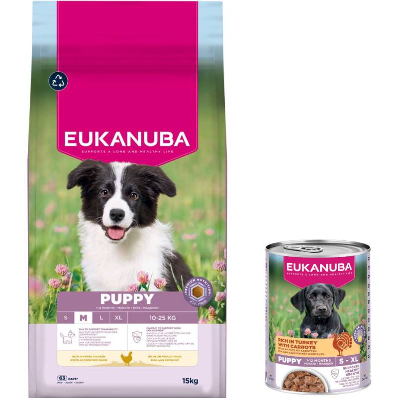 15 kg Eukanuba Premium Nutrition + 3 x 400 g passendes Nassfutter gratis! - 15 kg Puppy Medium Breed Huhn + 3 x 400 g Puppy Pute mit Karotten von Eukanuba