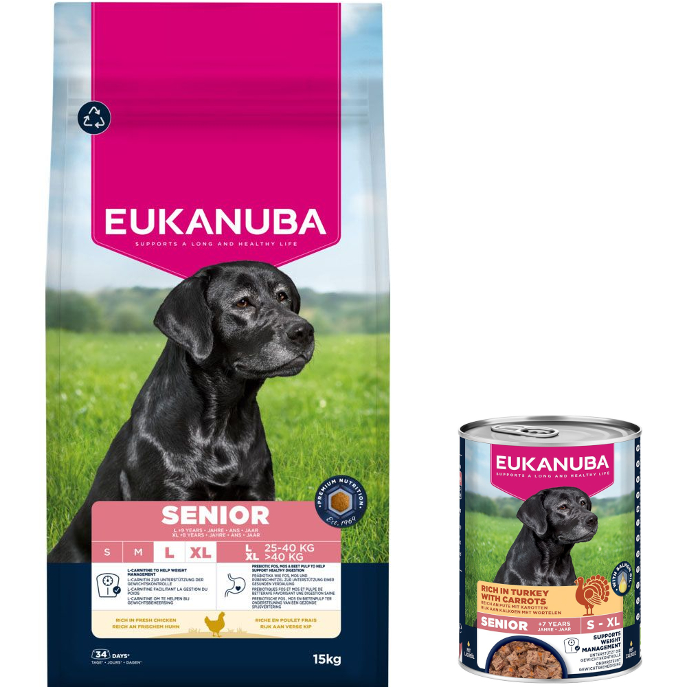 15 kg Eukanuba Premium Nutrition + 3 x 400 g passendes Nassfutter gratis! - 15 kg Senior Large & Giant Breed Huhn + 3 x 400 g Senior Pute mit Karotten von Eukanuba