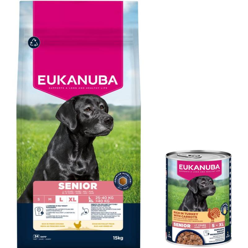 15 kg Eukanuba Premium Nutrition + 3 x 400 g passendes Nassfutter gratis! - 15 kg Senior Large & Giant Breed Huhn + 3 x 400 g Senior Pute mit Karotten von Eukanuba