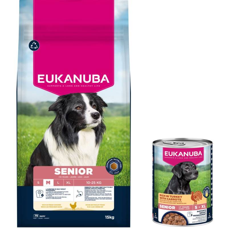 15 kg Eukanuba Premium Nutrition + 3 x 400 g passendes Nassfutter gratis! - 15 kg Senior Medium Breed Huhn + 3 x 400 g Senior Pute mit Karotten von Eukanuba