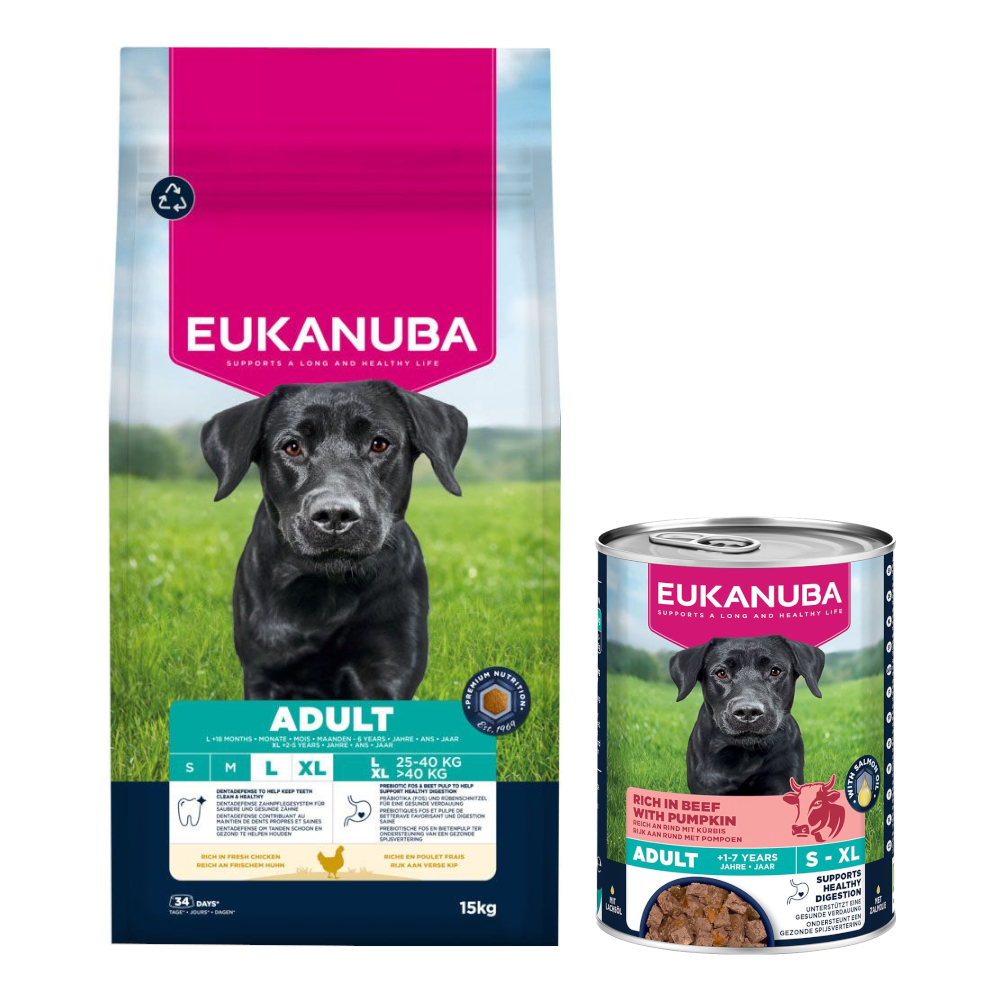 15 kg Eukanuba Premium Nutrition + 3 x 400 g passendes Nassfutter gratis! - Adult Large & Giant Breed Huhn + Adult Reich an Rind mit Kürbis von Eukanuba