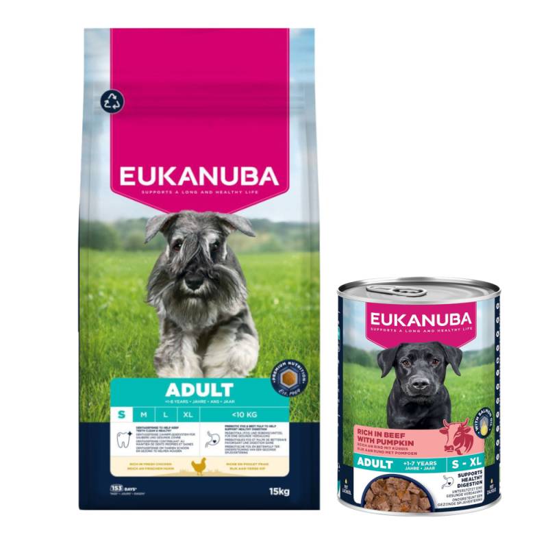 15 kg Eukanuba Premium Nutrition + 3 x 400 g passendes Nassfutter gratis! - Adult Small Breed Huhn + Adult Reich an Rind mit Kürbis von Eukanuba