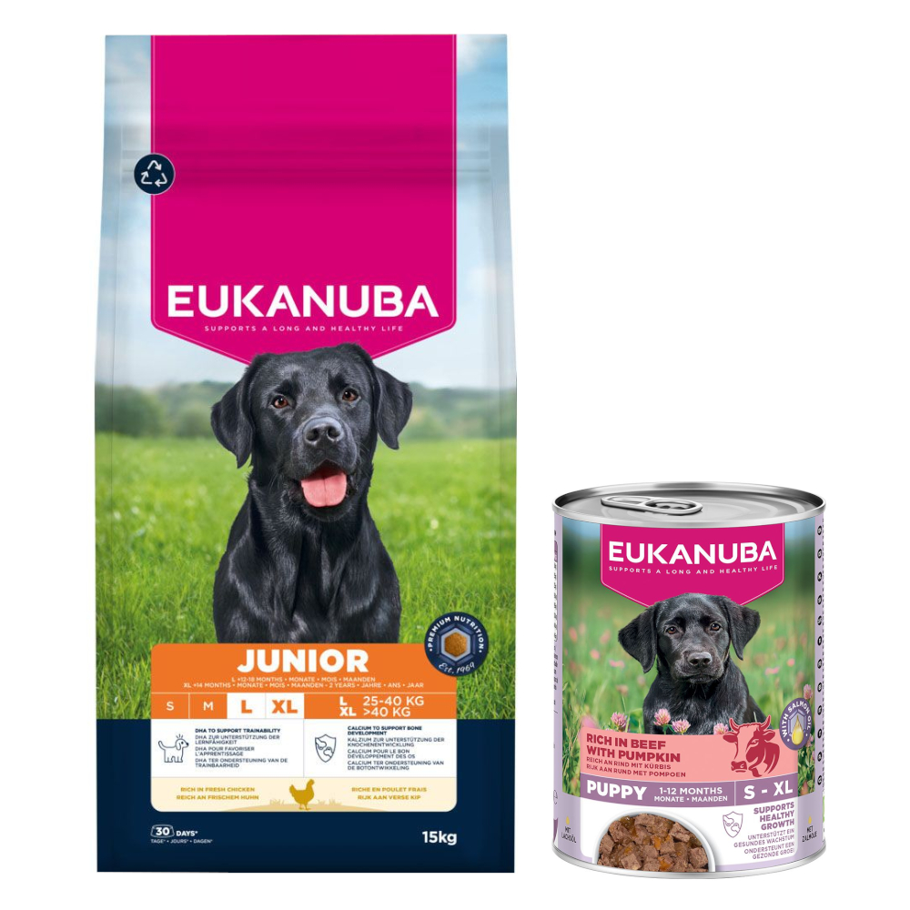 15 kg Eukanuba Premium Nutrition + 3 x 400 g passendes Nassfutter gratis! - Junior Large & Giant Breed Huhn + Adult Reich an Rind mit Kürbis von Eukanuba