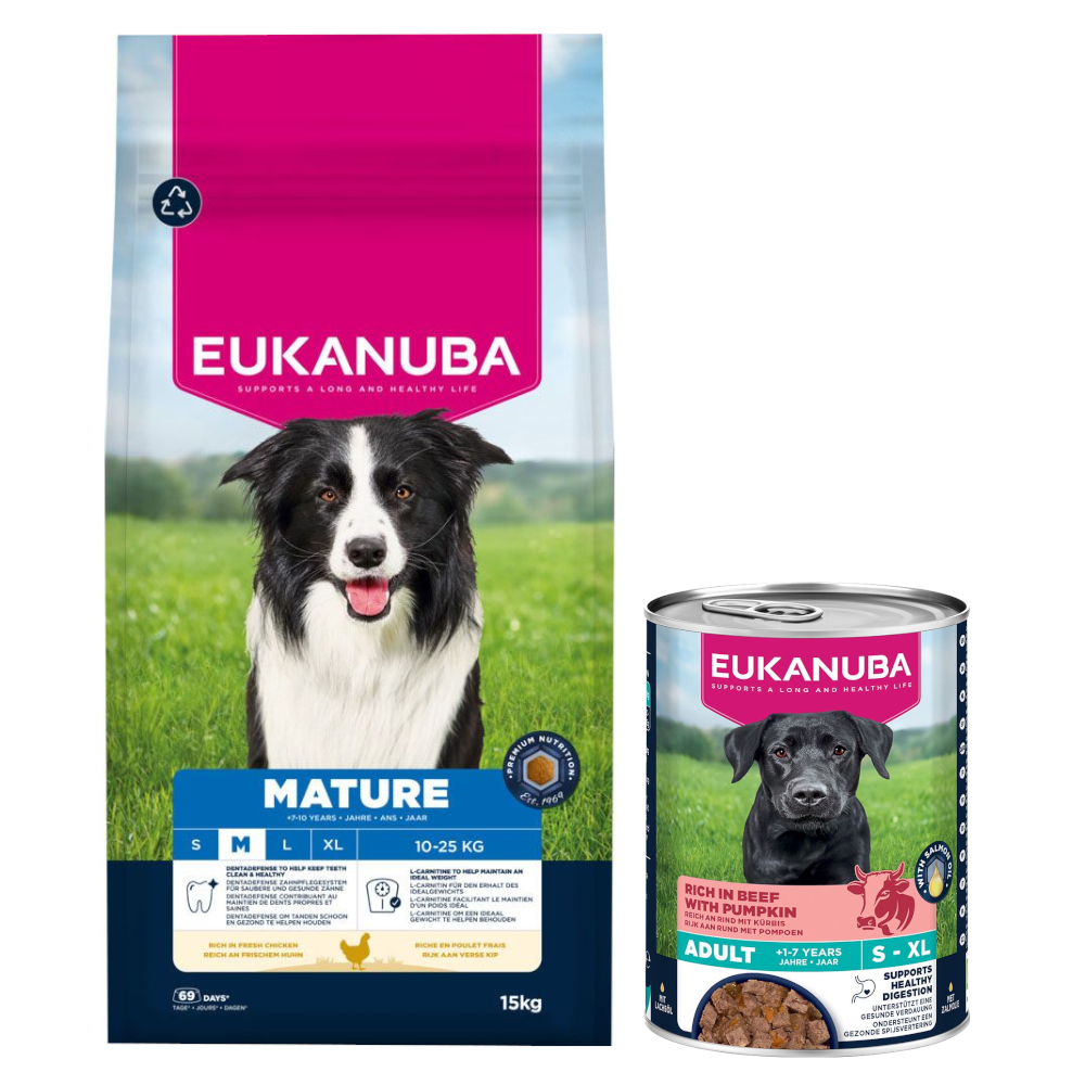 15 kg Eukanuba Premium Nutrition + 3 x 400 g passendes Nassfutter gratis! - Mature Medium Breed Huhn + Senior Reich an Rind mit Kürbis von Eukanuba