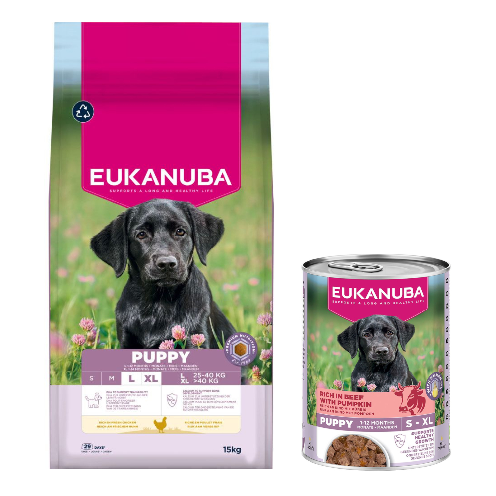 15 kg Eukanuba Premium Nutrition + 3 x 400 g passendes Nassfutter gratis! - Puppy Large & Giant Breed Huhn + Puppy Reich an Rind mit Kürbis von Eukanuba