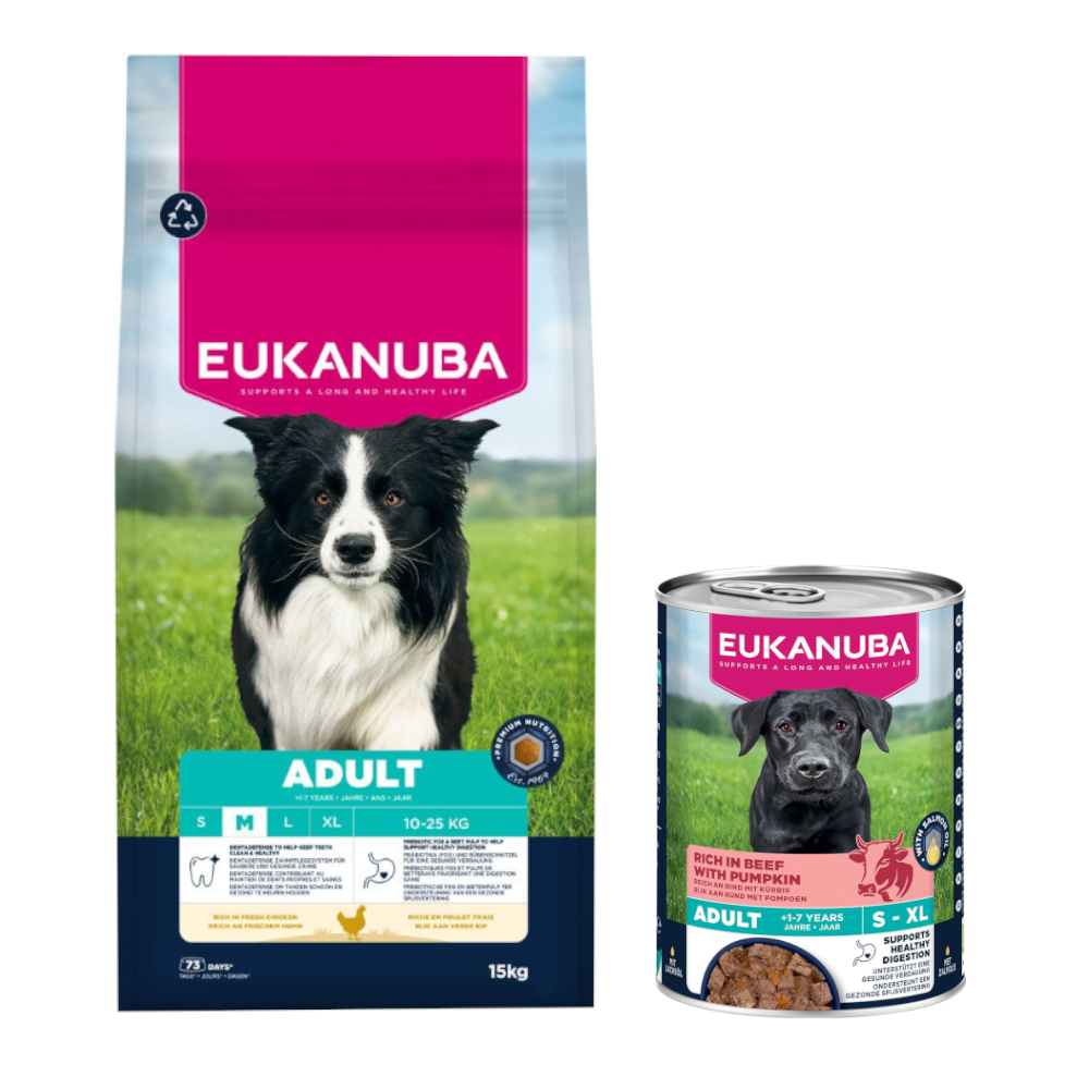 15 kg Eukanuba Premium Nutrition Huhn + 3 x 400 g passendes Nassfutter gratis! - Adult Medium + Adult Reich an Rind mit Kürbis von Eukanuba