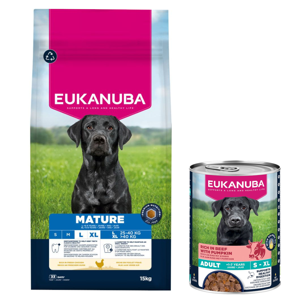 15 kg Eukanuba Premium Nutrition Huhn + 3 x 400 g passendes Nassfutter gratis! - Mature Large & Giant + Senior Reich an Rind mit Kürbis von Eukanuba