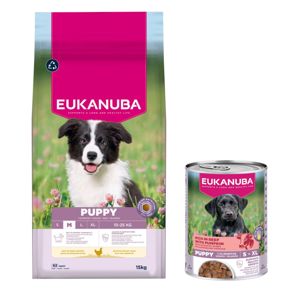 15 kg Eukanuba Premium Nutrition Huhn + 3 x 400 g passendes Nassfutter gratis! - Puppy Medium + Puppy Reich an Rind mit Kürbis von Eukanuba