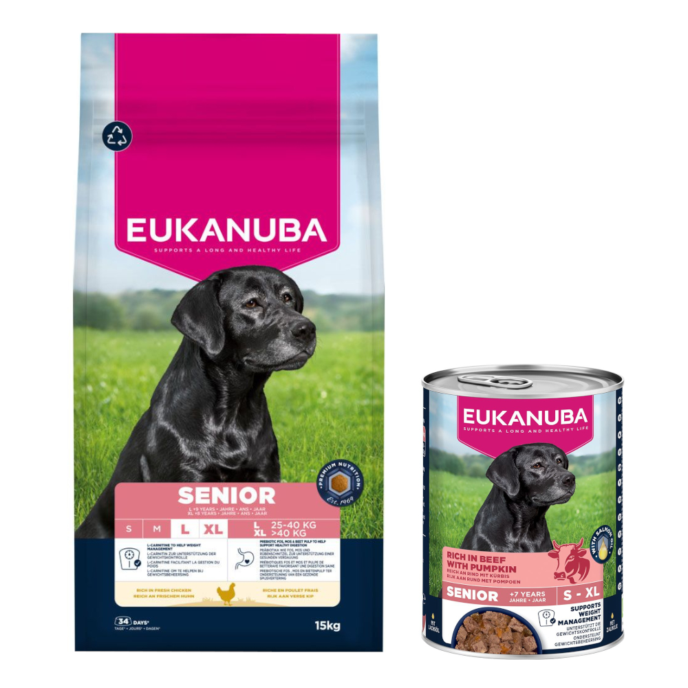 15 kg Eukanuba Premium Nutrition Huhn + 3 x 400 g passendes Nassfutter gratis! - Senior Large & Giant + Senior Reich an Rind mit Kürbis von Eukanuba