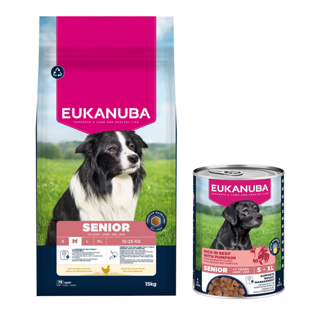 15 kg Eukanuba Premium Nutrition Huhn + 3 x 400 g passendes Nassfutter gratis! - Senior Medium + Senior Reich an Rind mit Kürbis von Eukanuba