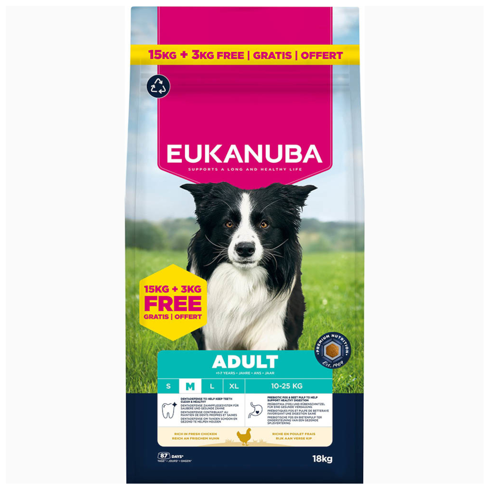3 kg gratis! 18 kg Eukanuba Premium Nutrition Breed Huhn - Adult Medium von Eukanuba