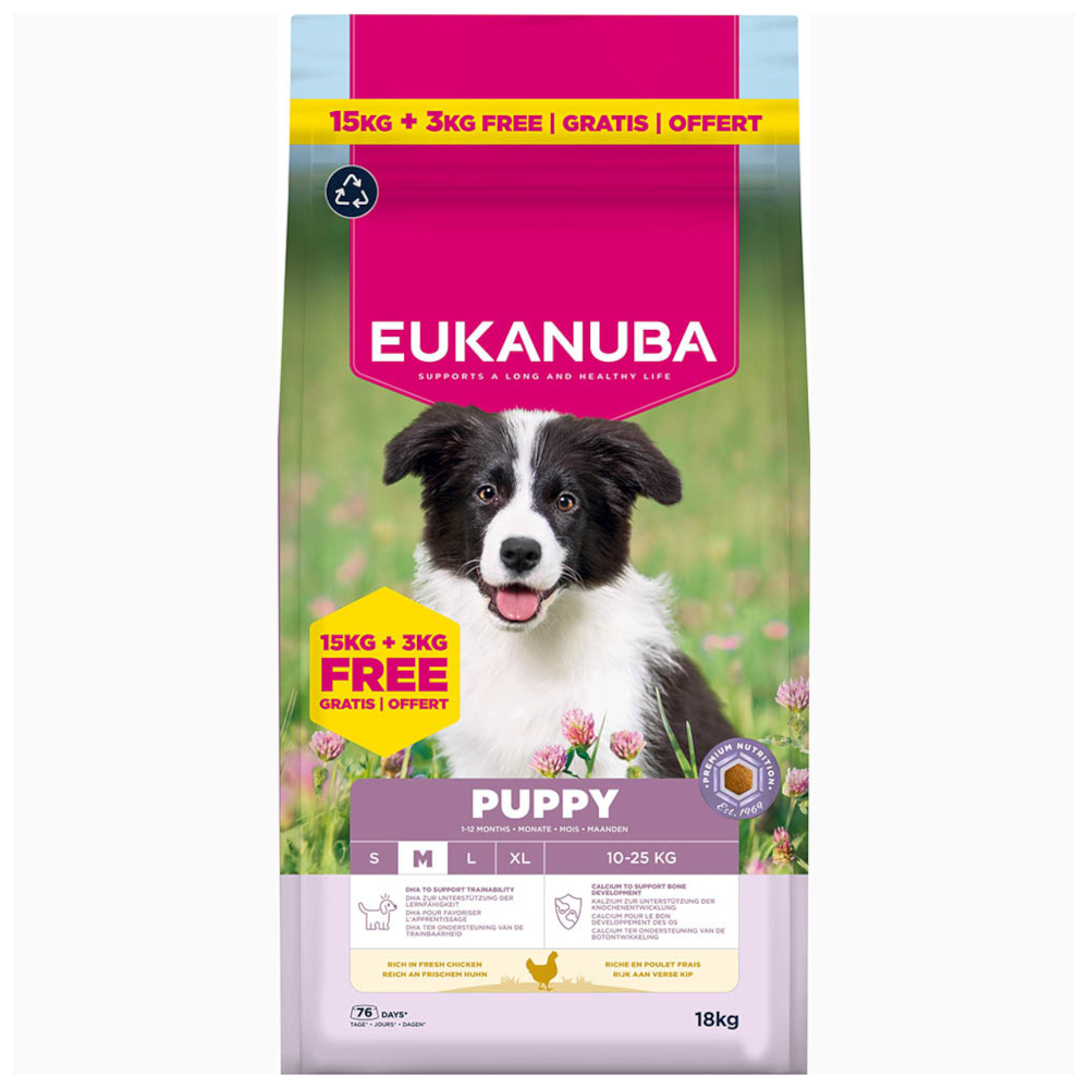 3 kg gratis! 18 kg Eukanuba Premium Nutrition Breed Huhn - Puppy Medium von Eukanuba
