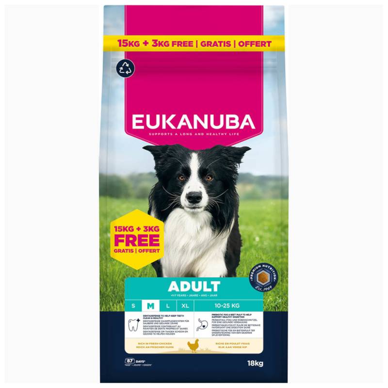 3 kg gratis! 18 kg Eukanuba Premium Nutrition mit Huhn - Adult Medium Breed von Eukanuba